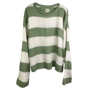 Polly Sweater Womens Size Medium Green & White Striped Knit Crewneck Long Sleeve